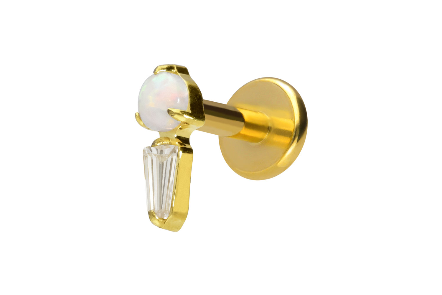 Titan Labret Piercing mit Innengewinde SYNTHETISCHER OPAL + KRISTALLRECHTECK